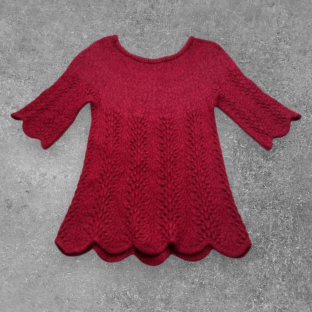 Hand Knit Red Pointelle Lace Scalloped Tunic Sweater 3/4 Sleeve Womens